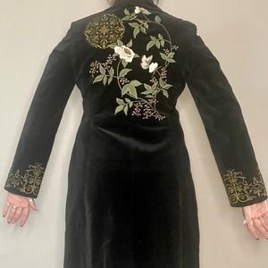 Black Velvet Trench Coat with Embroidered Flowers - CAbi
